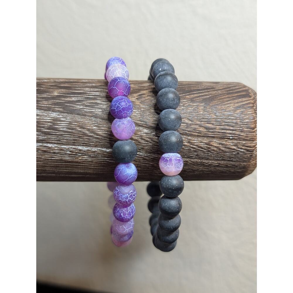 Lot of Two Coordinating Purple & Black Crackled Glass Stretch Bead Bracelets